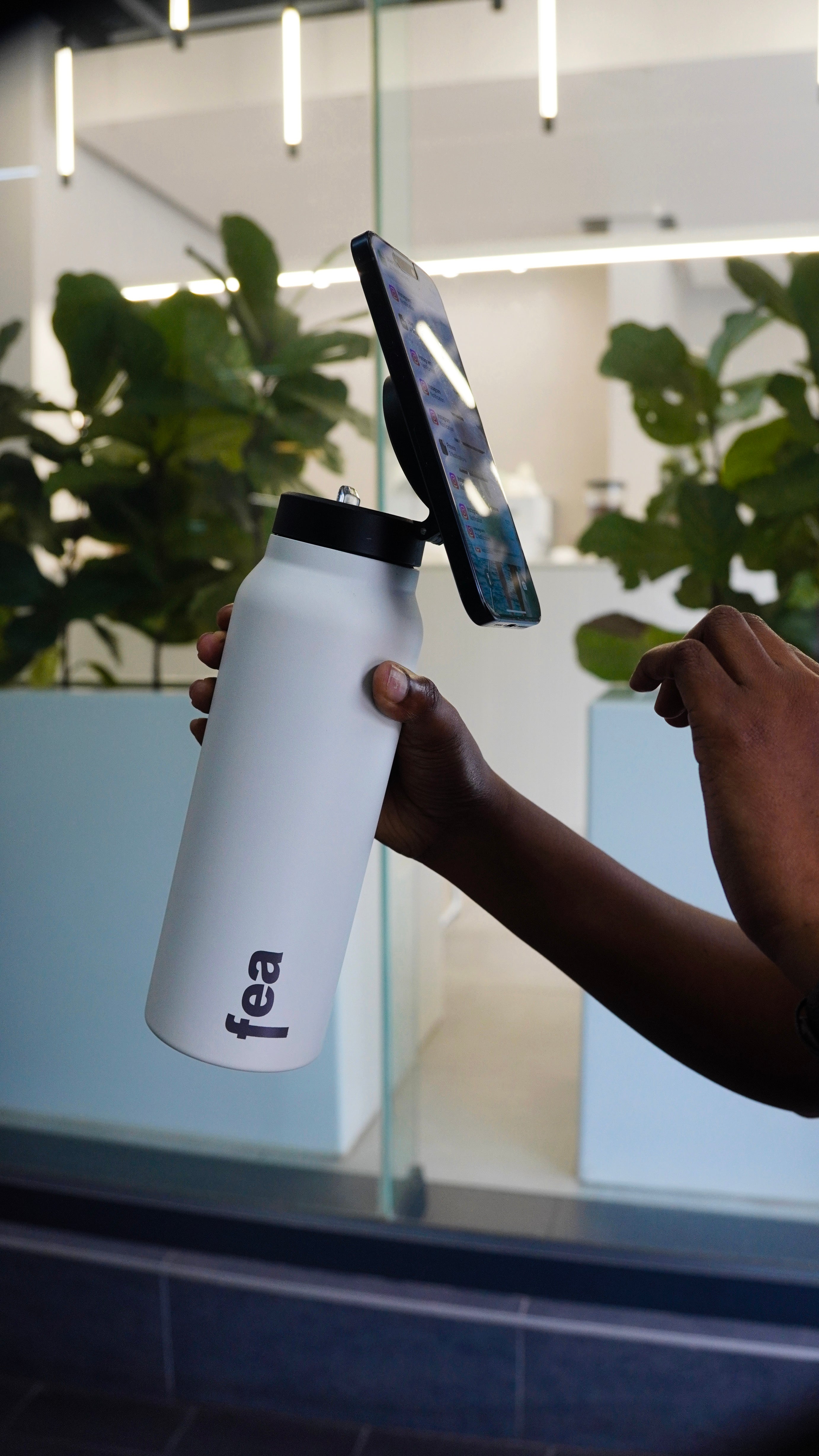 Stainless steel water bottle outdoors